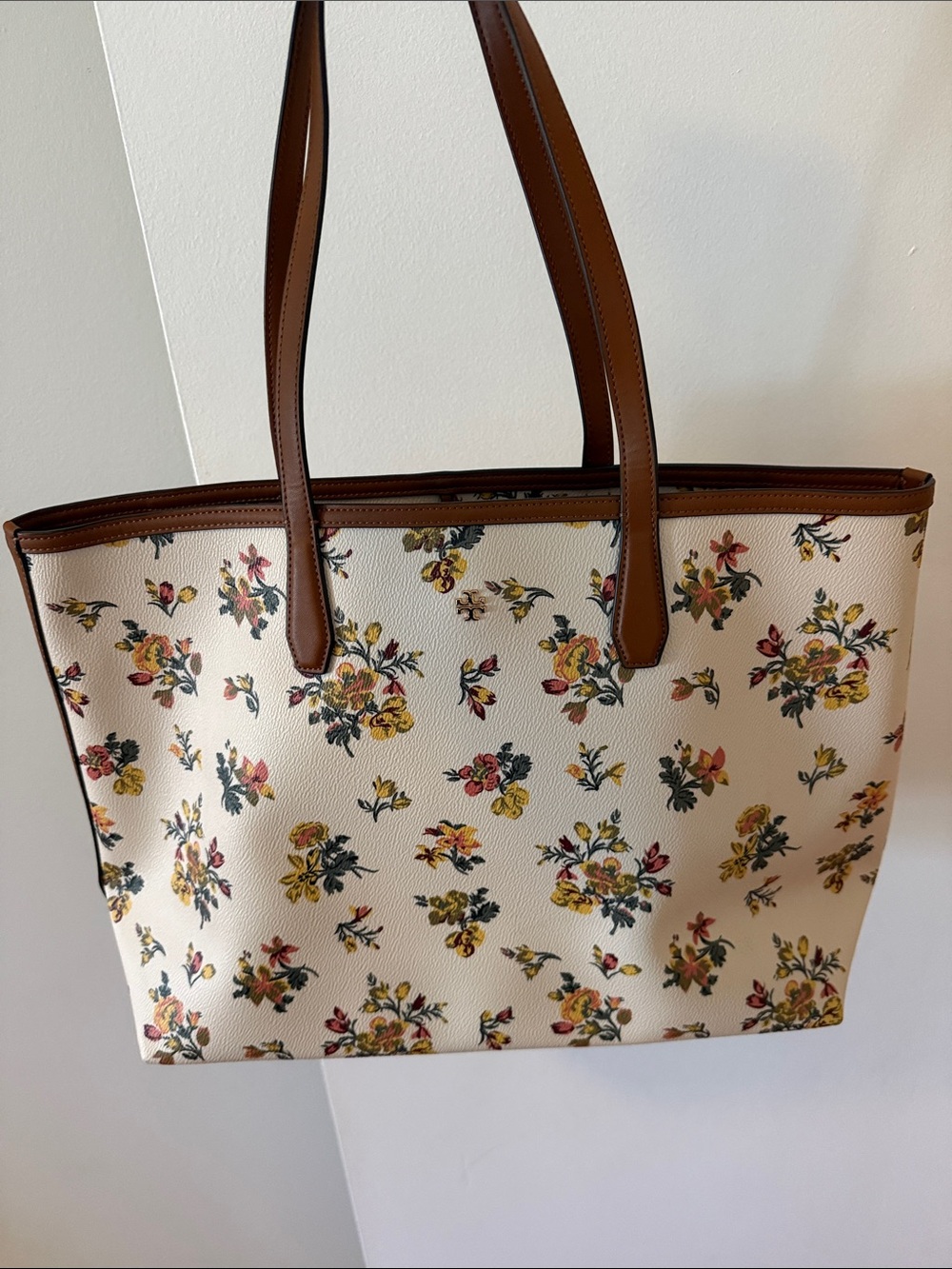 Floral Cream Tote Bag with Brown Trim